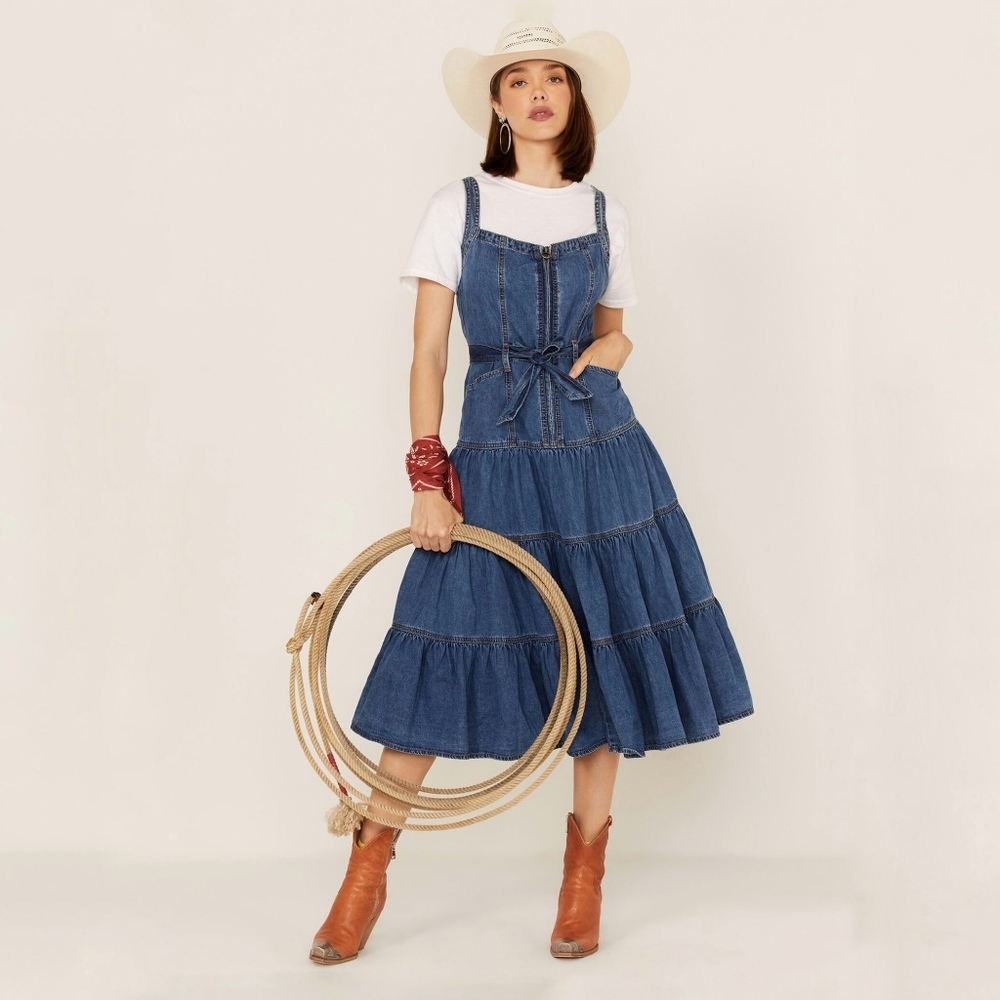 Driftwood Women's Bissie Tiered Denim Sleeveless Midi Dress Blue Size Xs